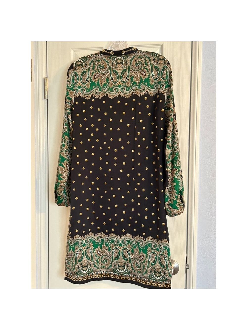 Michael Kors Paisley Shirt Dress Medium Green Navy Gold Chain Midi - Picture 6 of 11